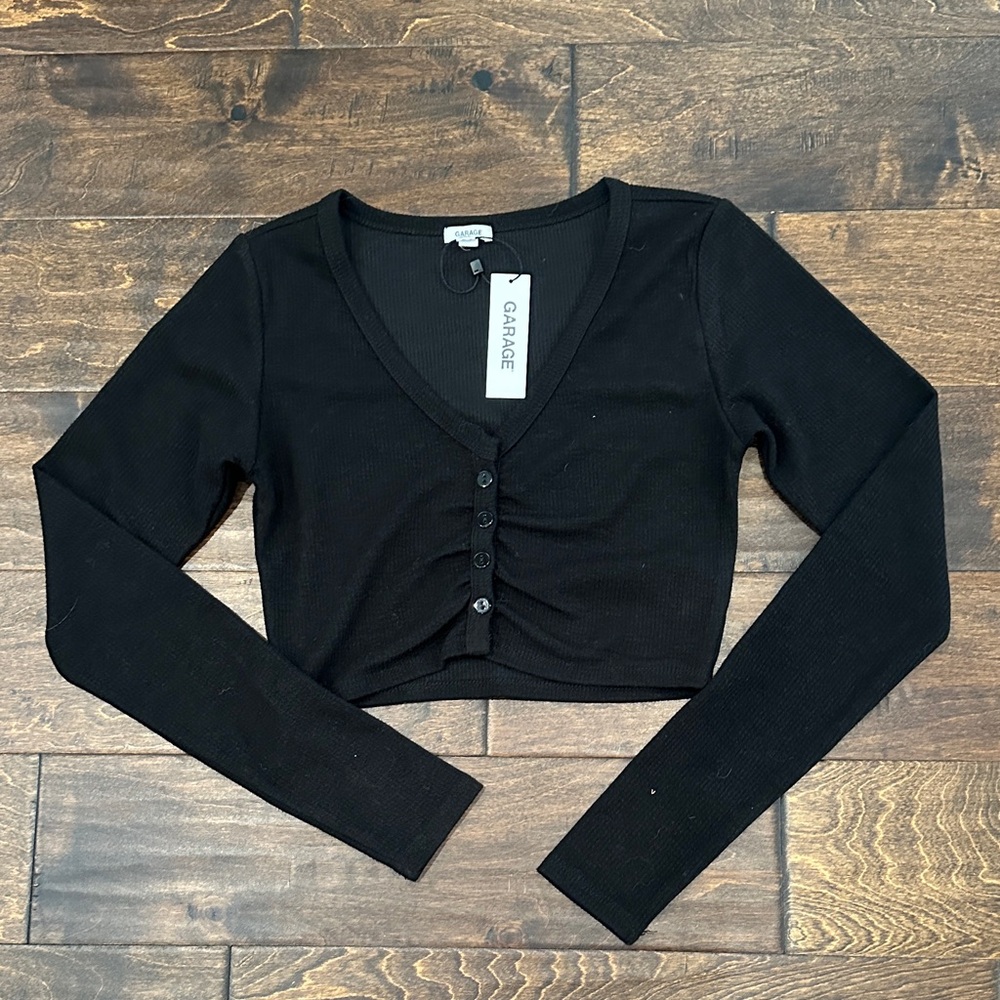 Garage Black Ribbed Button-Front Long Sleeve Crop Top